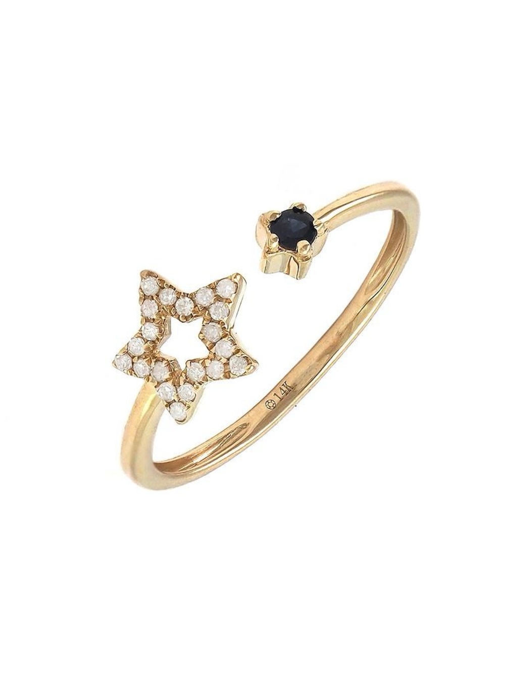 14K Real Solid Yellow Gold Natural Sapphire&Diamond Star Ring 0.11ctw